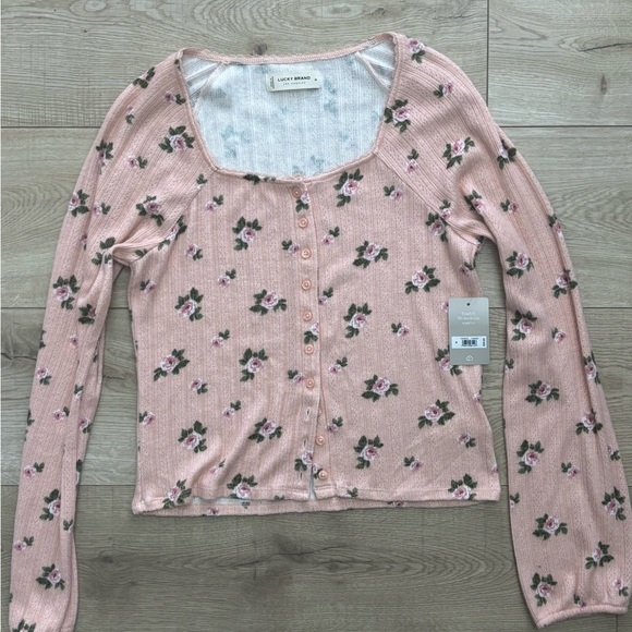NWT Lucky Brand Pointelle Floral Pink Long Sleeve Button Up Cottagecore Shirt - Picture 2 of 14